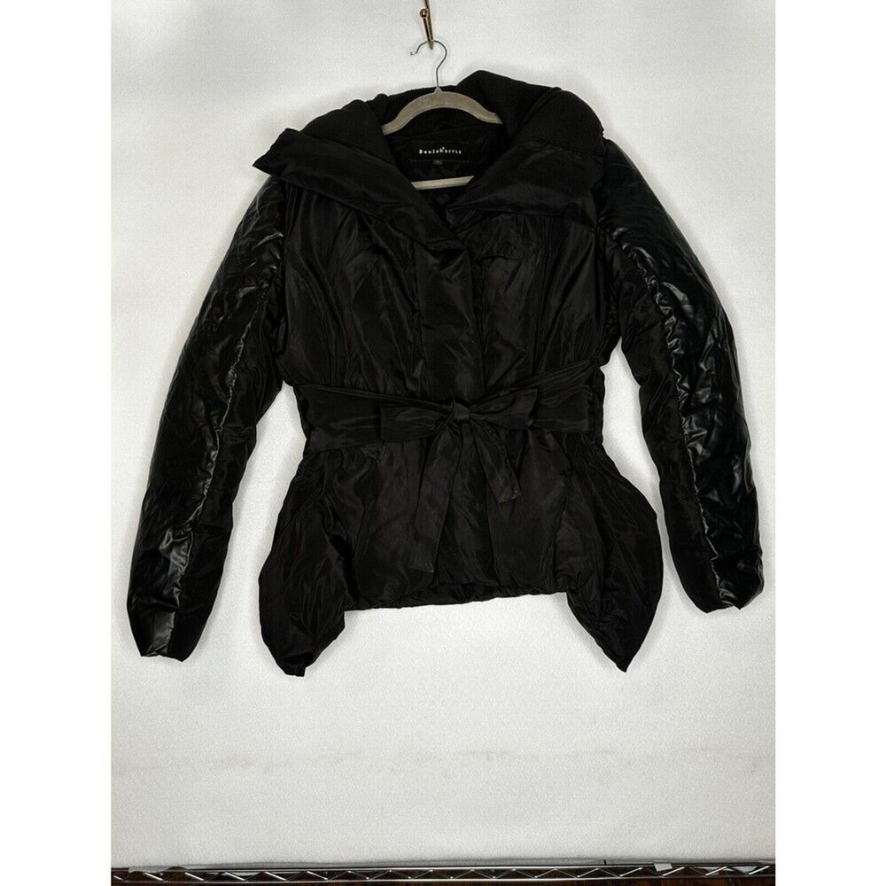 Beulah Style Womens‎ Black Asymmetrical Belted Puffer Jacket Shawl Collar Size L